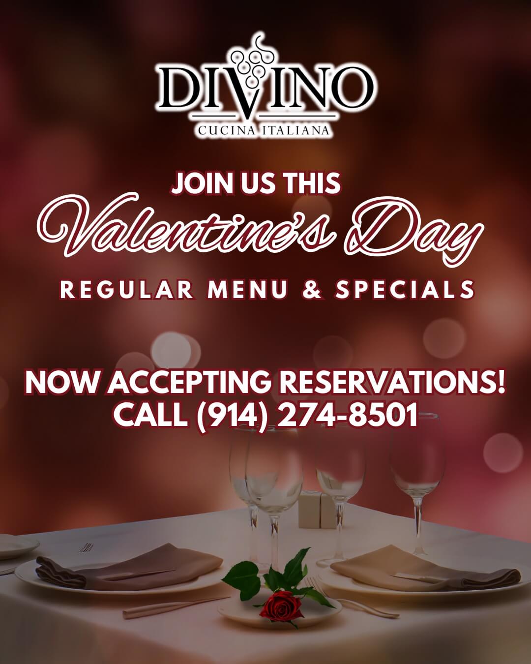 Valentine’s Day dinner at Divino Cucina Italiana featuring romantic Italian dining, special menus, and reservations for couples in New York.